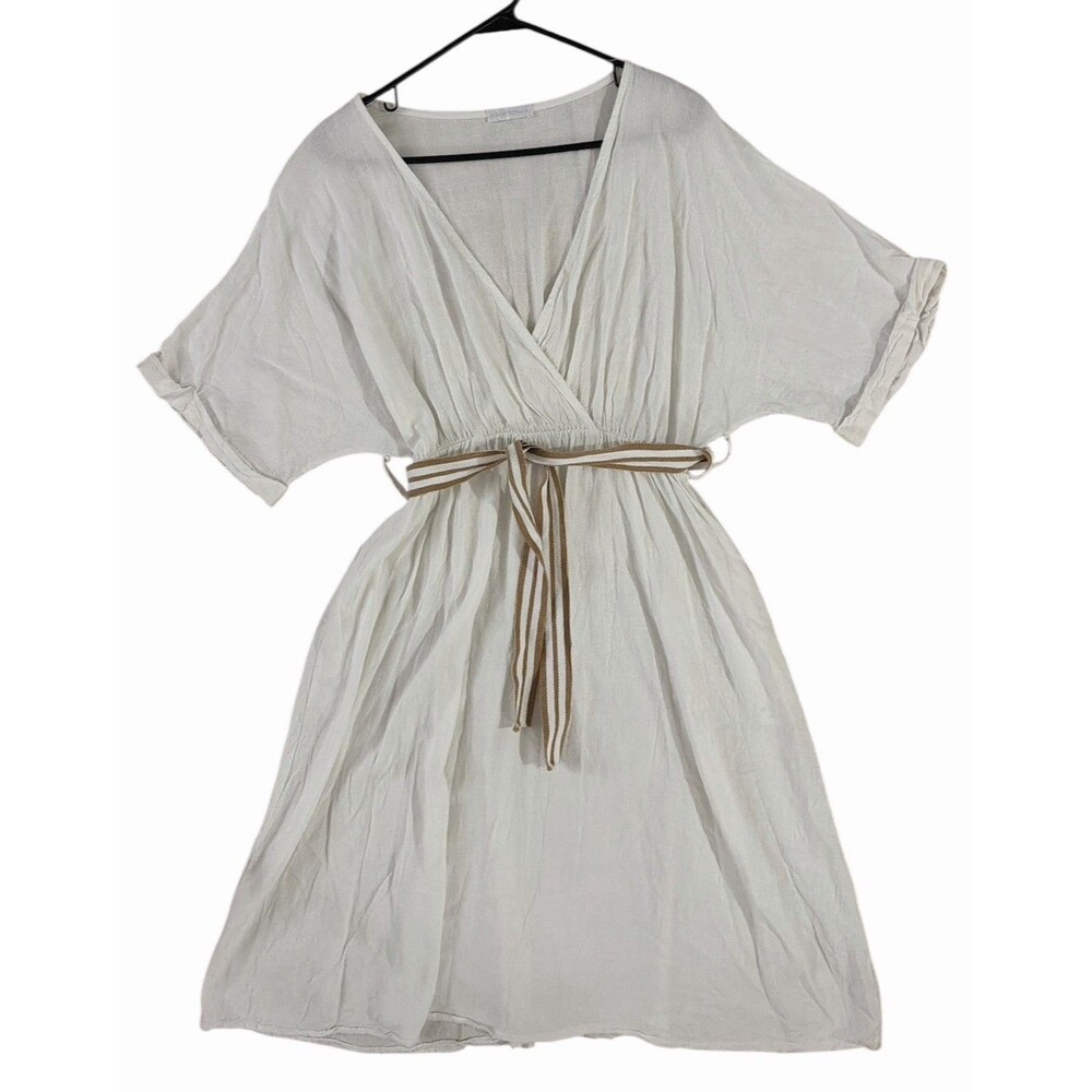 Genuine Italian Made Linen Dress, Faux Wrap Midi with Striped Waist Tie